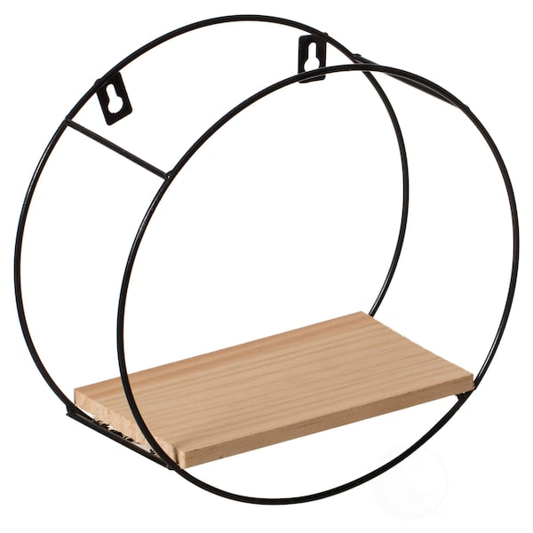 Round, Wooden Board With Metal Frame Wall Mount Floating Shelf